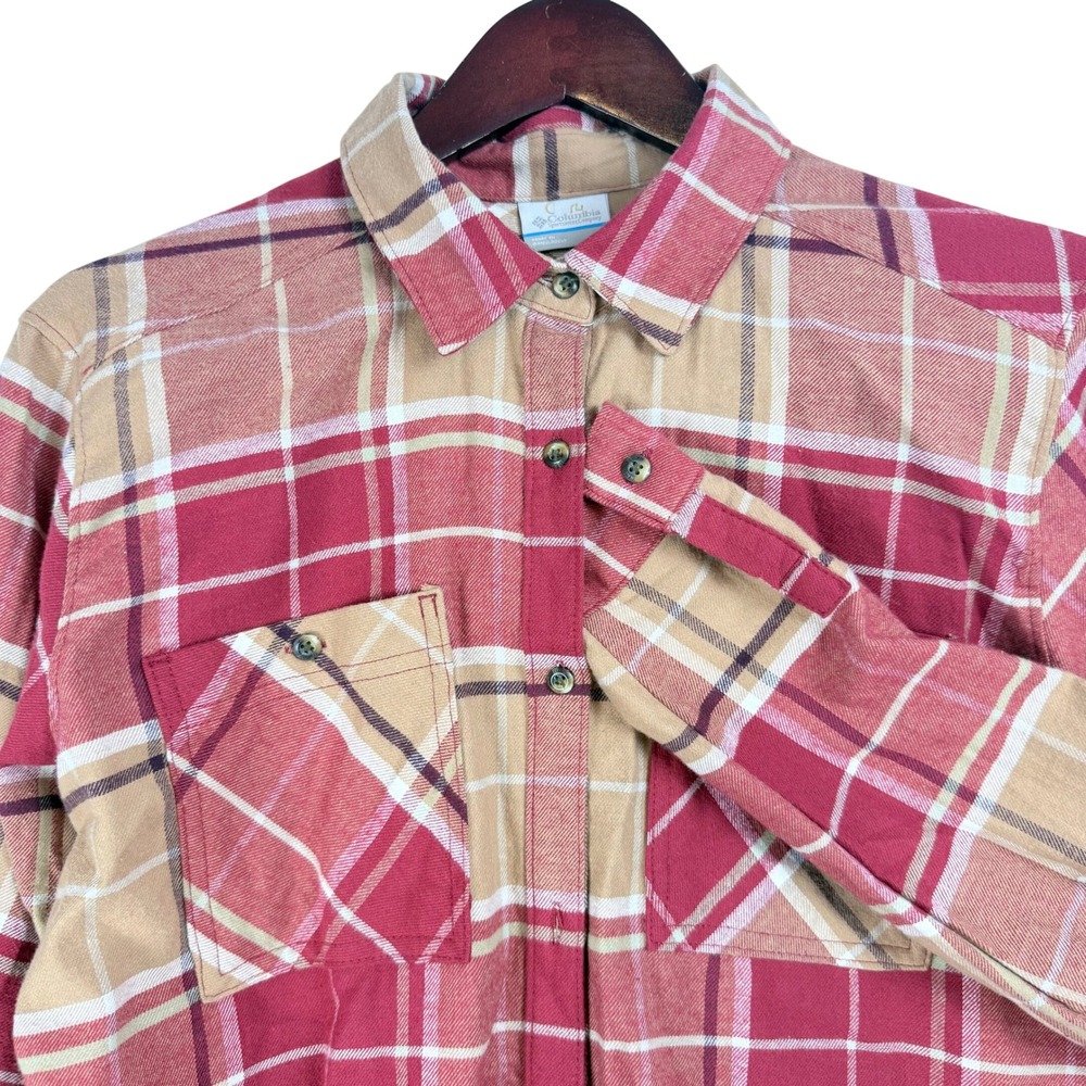 Columbia Plaid Flannel Shirt Womens Large Red Tan Cotton Blend Gorpcore Outdoor